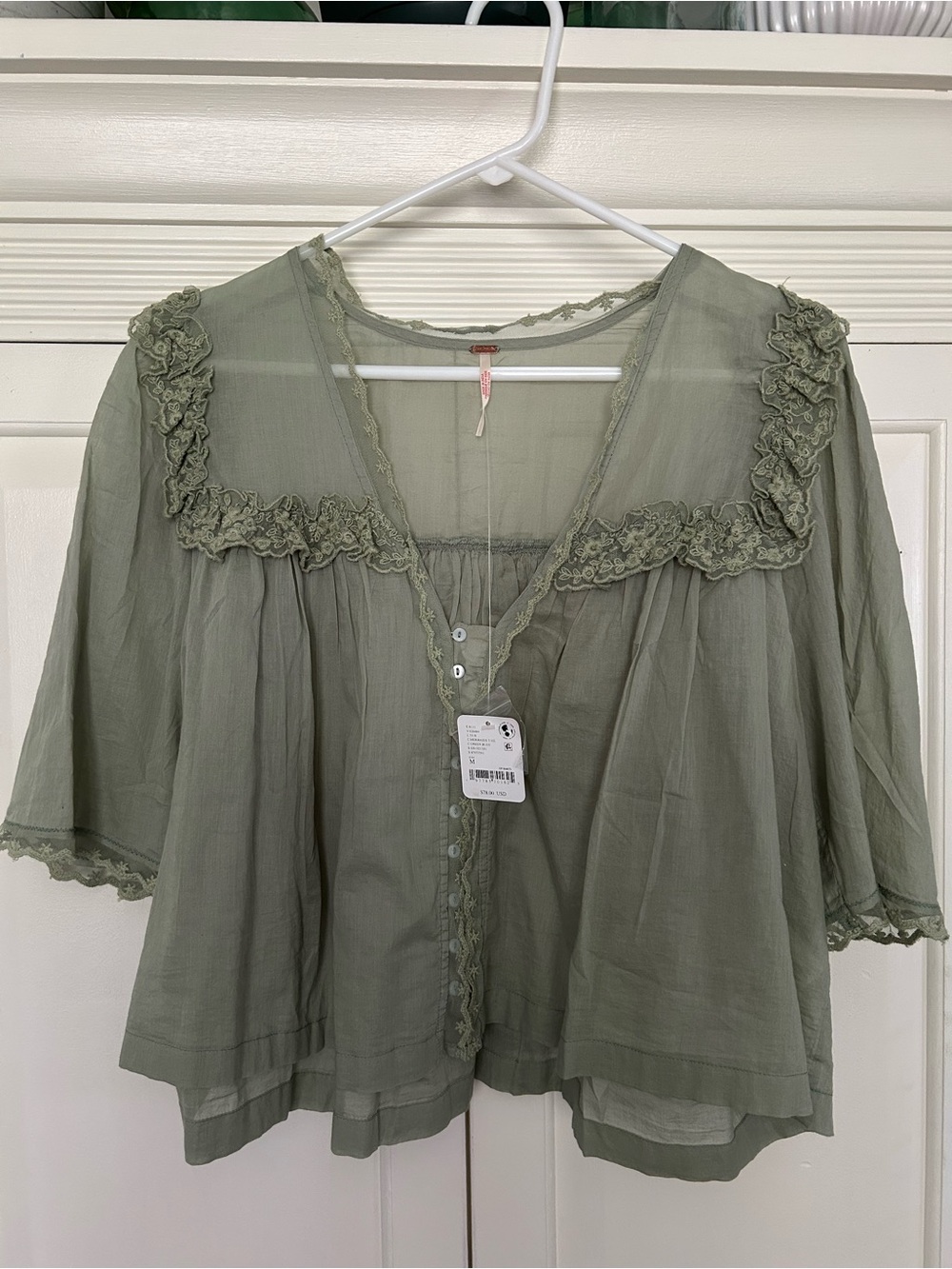 Free People Sage Green Ruffled Lace Trim Blouse